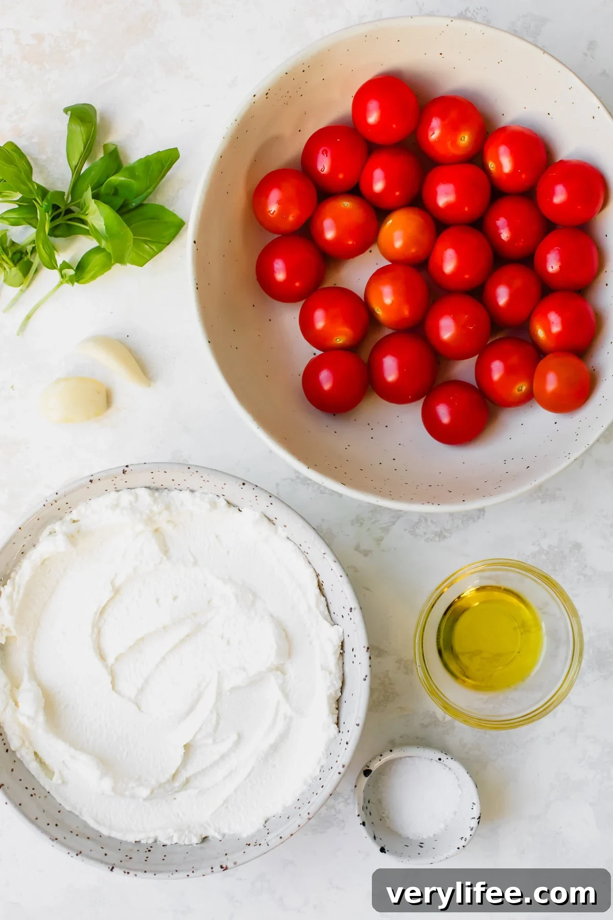Creamy Whipped Ricotta Caprese Dip with Cherry Tomatoes 5 Ingredients for Whipped Ricotta Caprese Dip