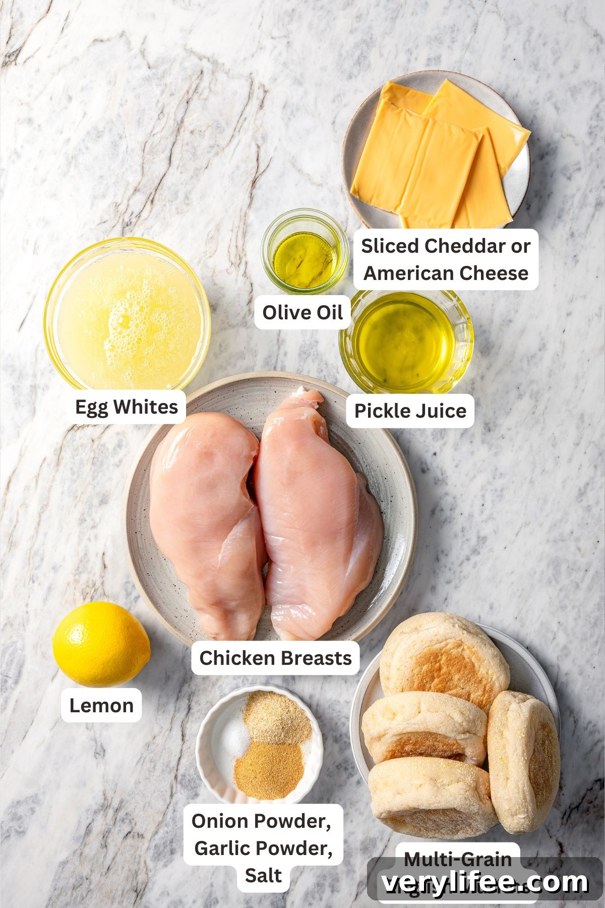 Ingredients for copycat Chick-fil-A egg white grill breakfast sandwich.
