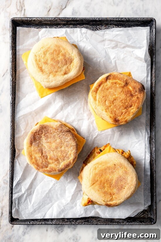 4 copycat Chick-fil-A egg white grill sandwiches on parchment lined sheet pan.