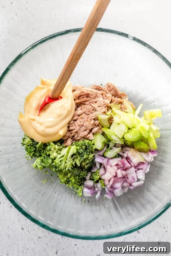 Tuna Sub in a Tub Recipe: Portable Tuna Salad Lunch 6 tuna salad ingredients in a bowl