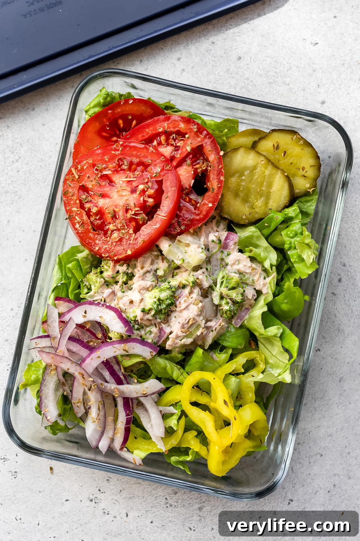 Tuna Sub in a Tub Recipe: Portable Tuna Salad Lunch 8 Tuna Sub in a Tub in a glass meal prep bowl