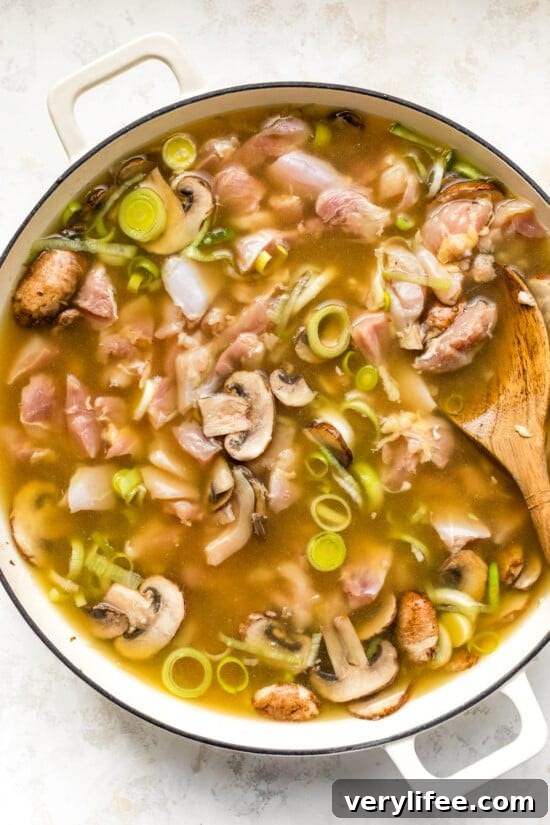 Add chicken and broth and simmer