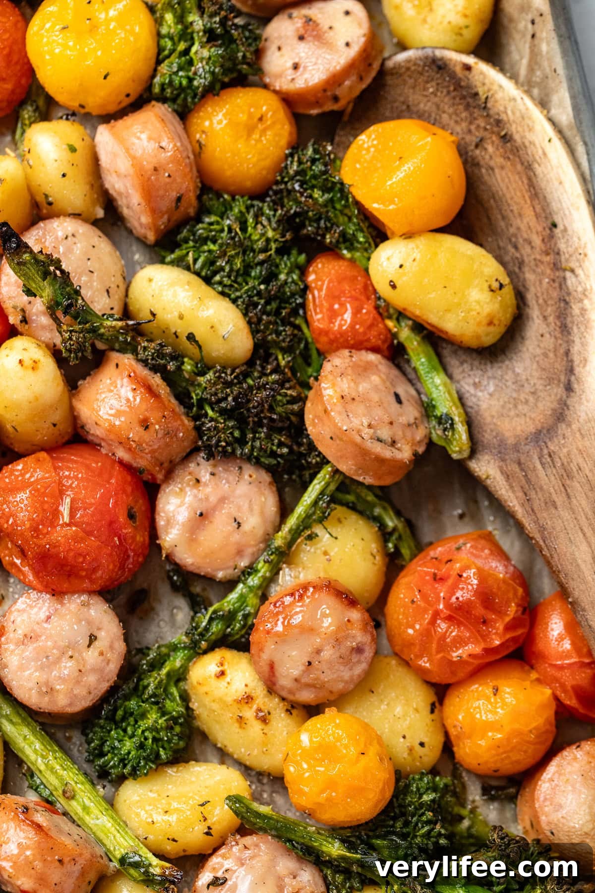 close up of sheet pan gnocchi