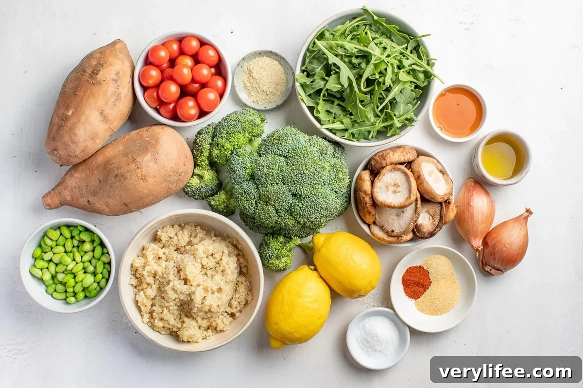 Protein-Packed Vegan Quinoa Bowl with Roasted Veggies and Tahini 5 Quinoa and Ingredients for Roasted Vegetables