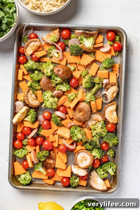 Protein-Packed Vegan Quinoa Bowl with Roasted Veggies and Tahini 6 Roasted Vegetables on a sheet pan
