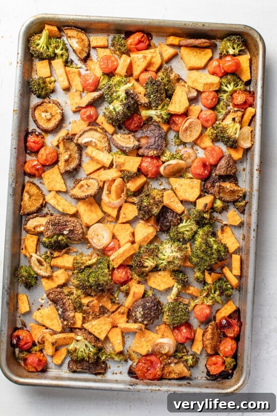 Protein-Packed Vegan Quinoa Bowl with Roasted Veggies and Tahini 8 Roasted Vegetables on a sheet pan
