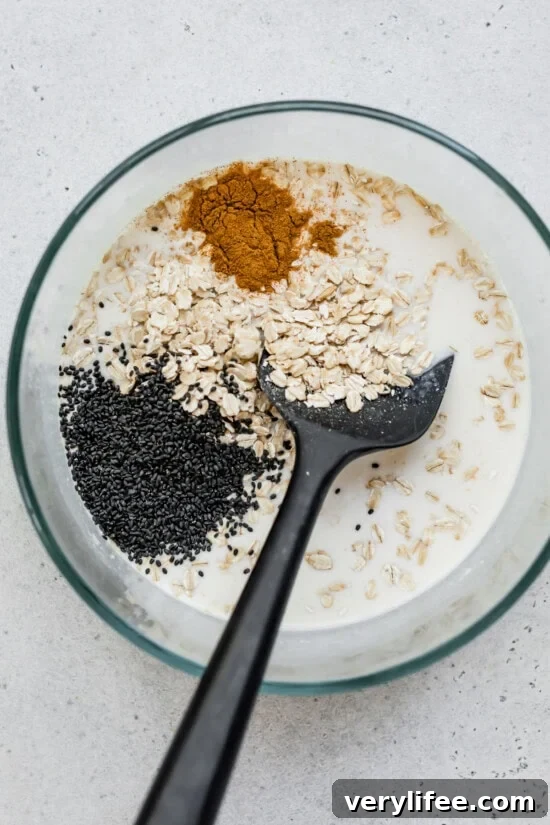 Oats, cinnamon, basil seeds, milks