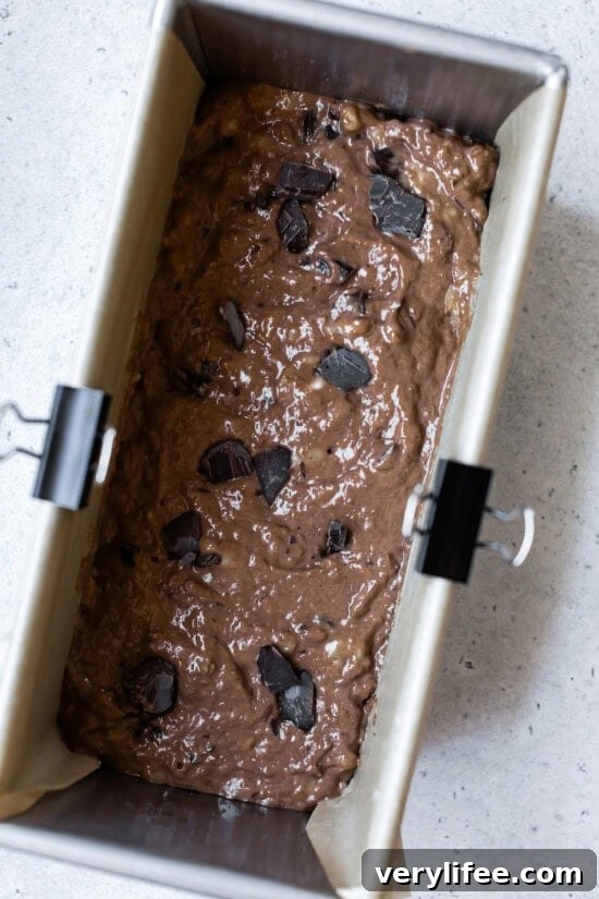 Decadent Chocolate Banana Bread Recipe 8 chocolate banana bread batter in loaf tin