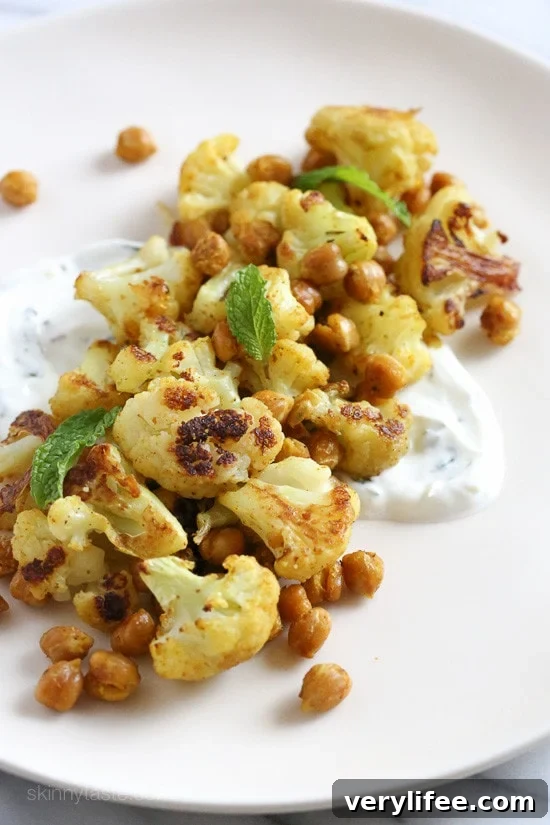 Roasted Cauliflower and Chickpeas with Minted Yogurt