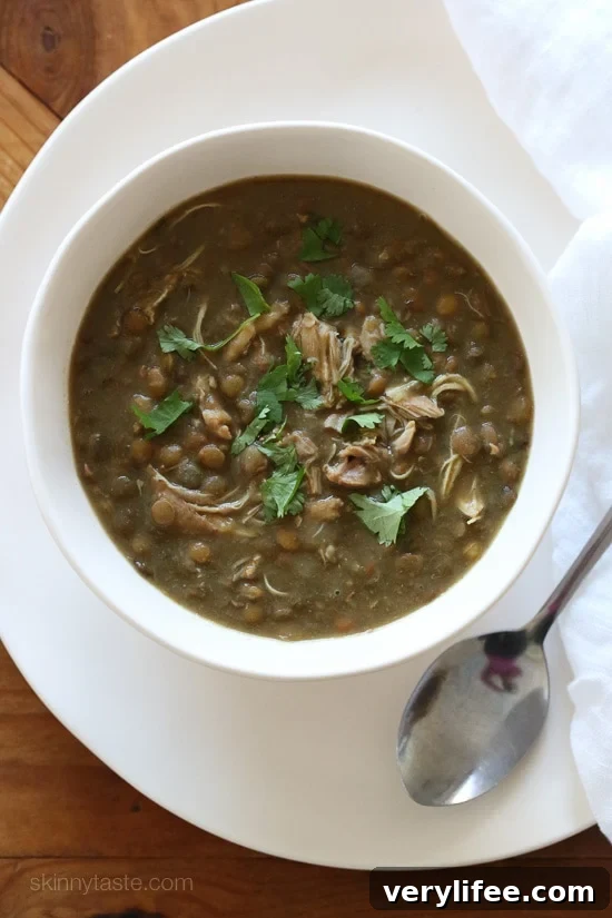 Overhead view of a bowl of Instant Pot lentil soup
