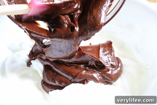 Chocolate cake batter being folded into whipped egg whites