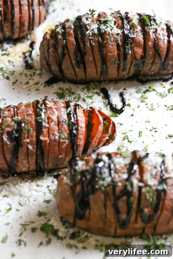 Parmesan Hasselback Sweet Potatoes with Balsamic Glaze