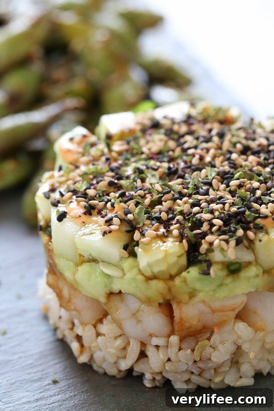 Spicy California Shrimp Stack Layered Spicy California Shrimp Stack served on a plate