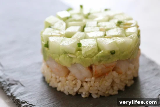 Spicy California Shrimp Stack Recipe with Avocado and Lime 7 Spicy California Shrimp Stack garnished and ready to eat