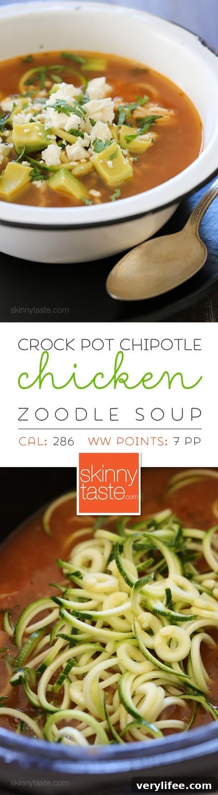Final bowl of Chipotle Chicken Zucchini Fideo Soup with avocado and cilantro