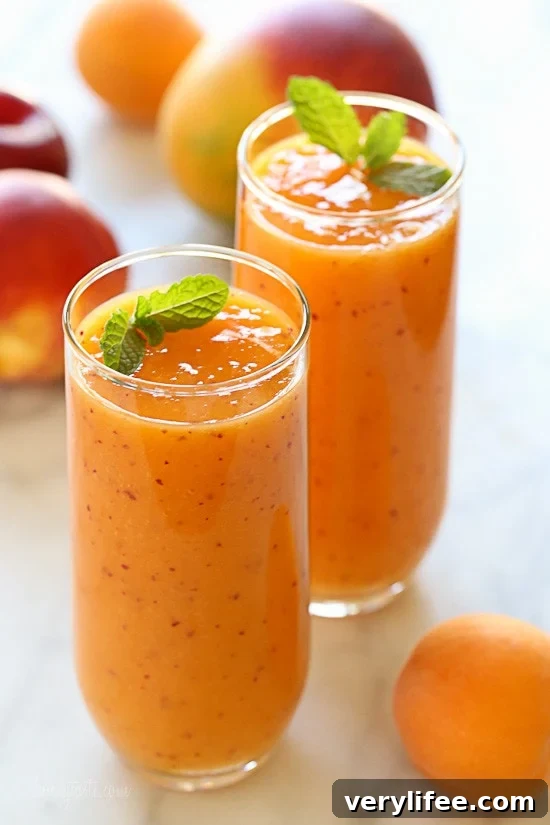 If a smoothie could taste like summer, this would be it! This dairy-free, gluten-free, vegan smoothie is simply delicious, made with ripe mango, plums, apricots and peaches or nectarines.