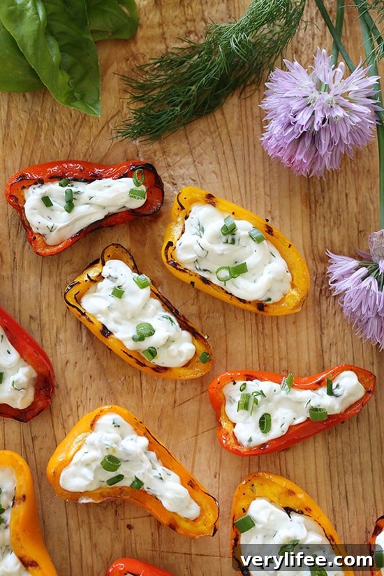 Grilled Rainbow Peppers with Herb Cream Cheese – an easy summer appetizer!