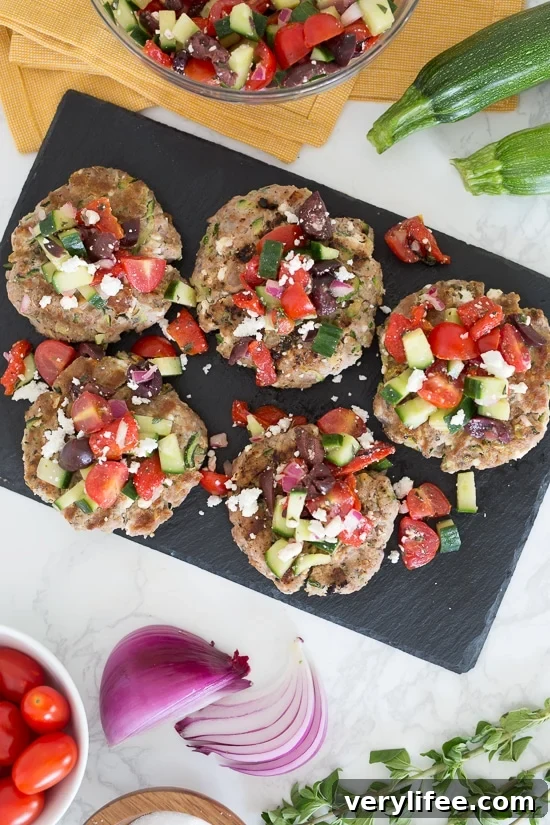 Bunless Greek Turkey Burgers with Feta and Zucchini 2 Naked Greek Feta-Zucchini Turkey Burgers are so juicy, thanks to my secret ingredient – grated zucchini!