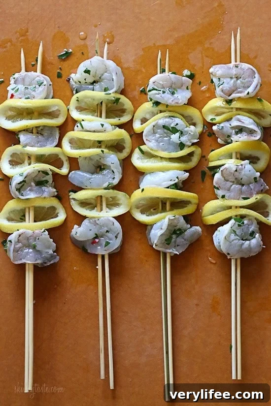Close-up of Grilled Shrimp Scampi Skewers
