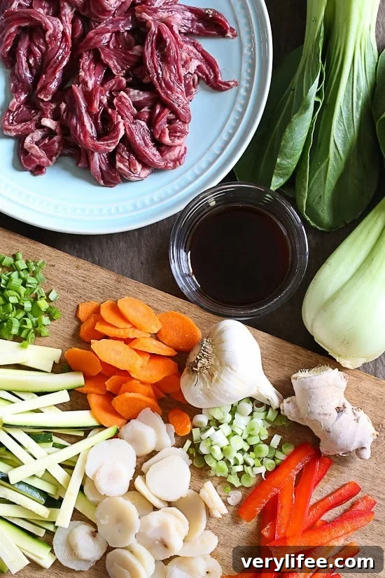 Skirt Steak, Baby Bok Choy and Zucchini Stir-Fry plated