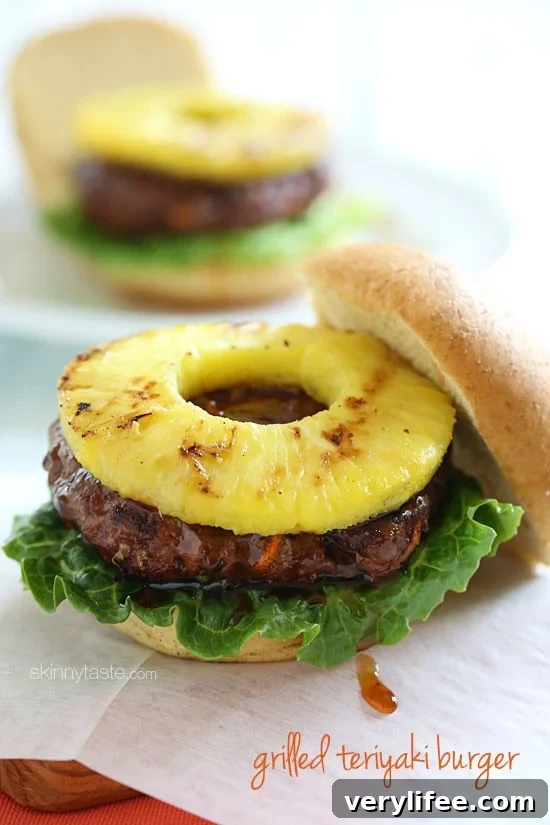 Grilled Hawaiian Teriyaki Burger Close-up of a Hawaiian teriyaki burger