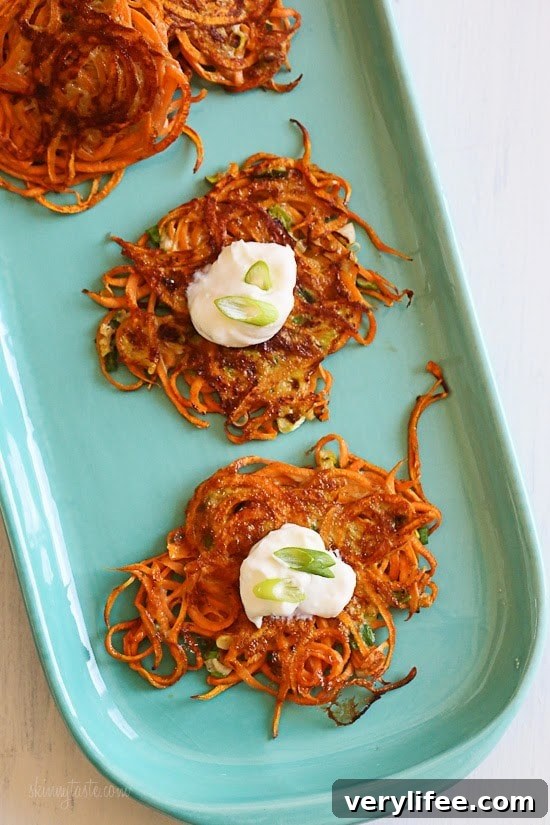 Spiralized Sweet Potato Latkes Spiralized Sweet Potato Latkes - a healthier sweet potato pancake!