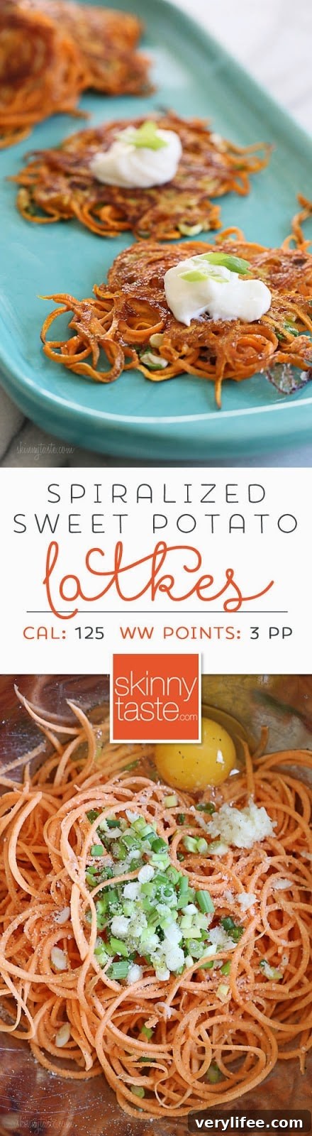 Spiralized Sweet Potato Latkes Spiralized Sweet Potato Latkes – an easier, healthier, sweet potato pancake.