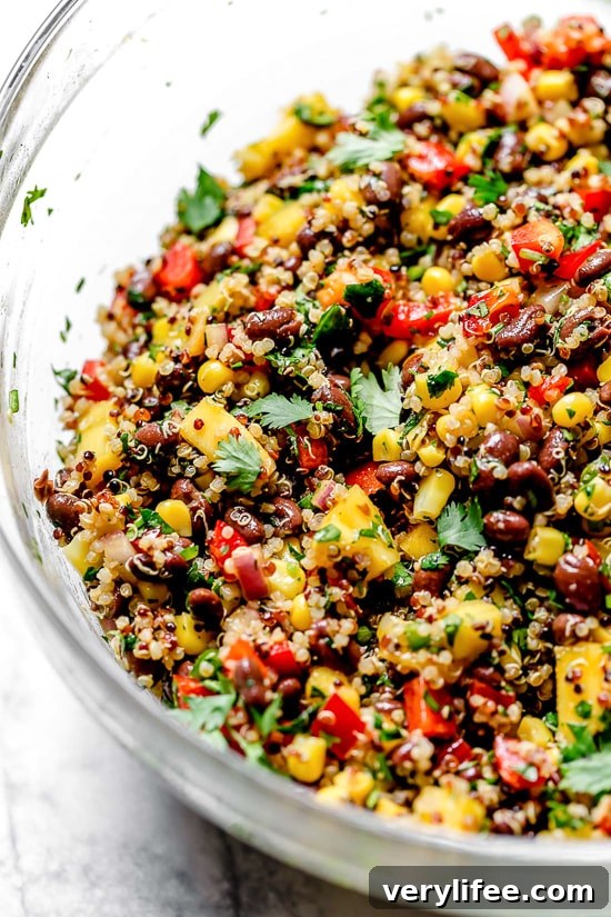 This healthy Southwestern Black Bean, Quinoa and Mango Salad is delicious, a great way to get more vegetables and plant-based foods to your diet.