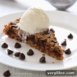 Close-up of a slice of deep dish cookie pie.