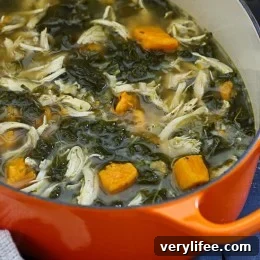 This hearty soup – loaded with chicken, kale, sweet potatoes and veggies