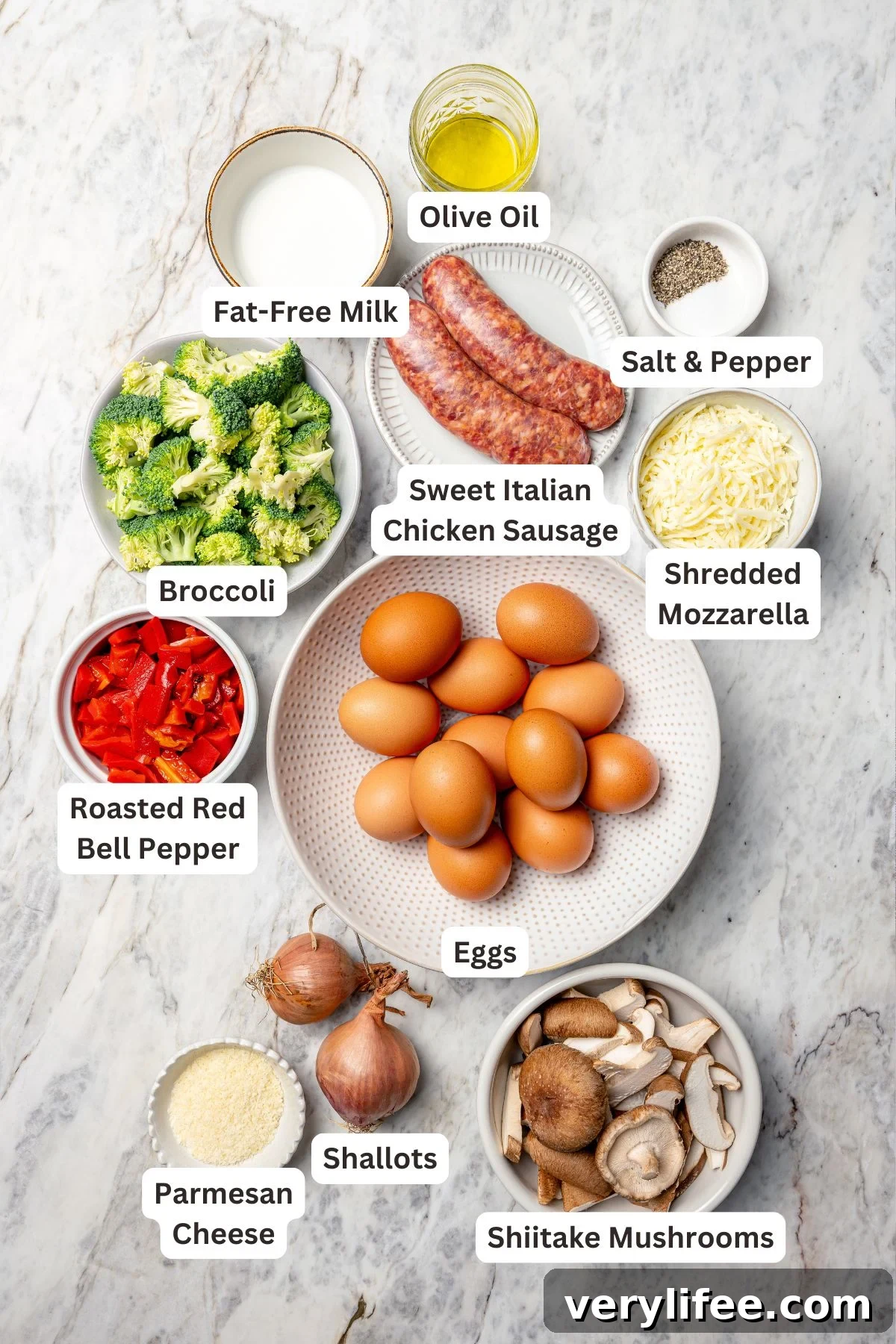 Ingredients for breakfast casserole with sausage, cheese and veggies.