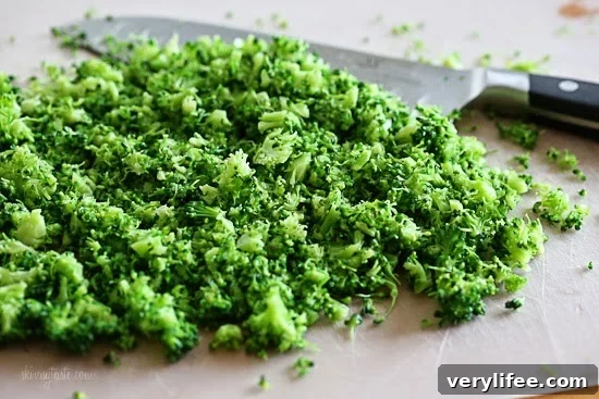 Chopped broccoli on a cutting board