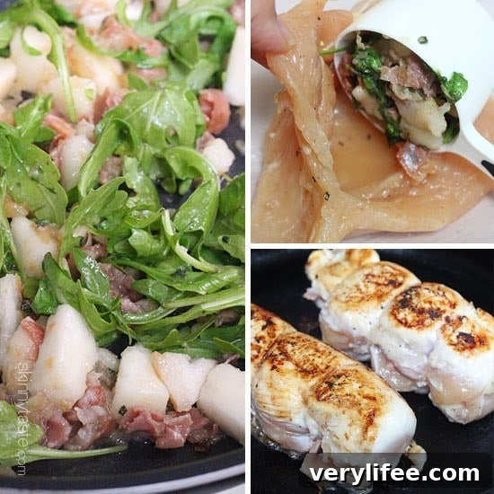 Close-up of roasted stuffed chicken breast showing melted brie
