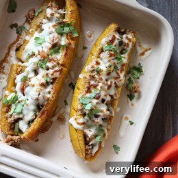 Turkey Picadillo Stuffed Sweet Plantains - plated