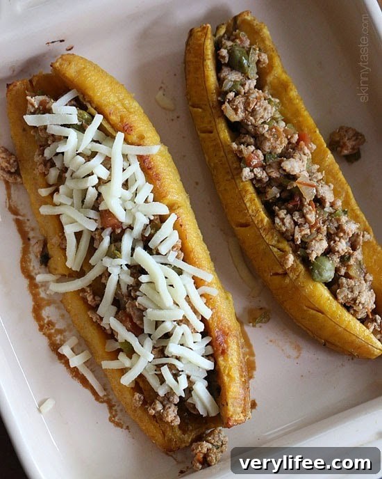 Close up of stuffed plantain with melted cheese