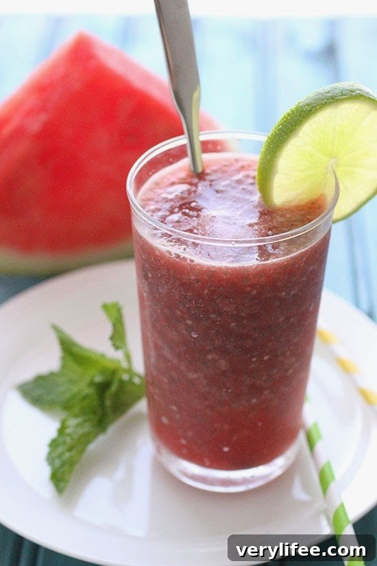 Chia Watermelon Fresca is a refreshing summer beverage made with watermelon and chia seeds.