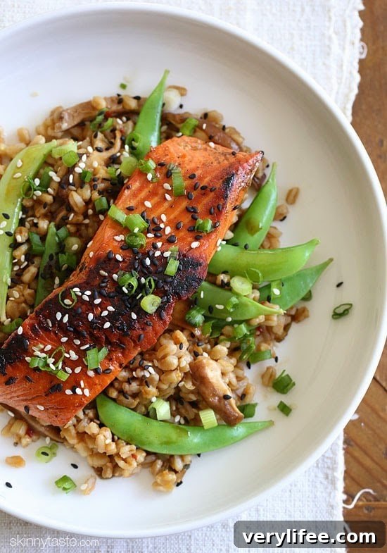 Asian Farro Medley with Salmon is made with shiitake mushrooms, snap peas, ginger, garlic and spices. Not only is this dish absolutely delicious, it's also high in protein, omega-3's and is ready in about 30 minutes.