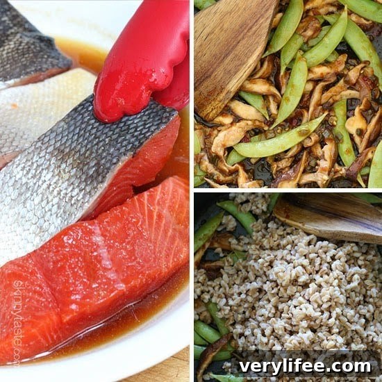 Soy Ginger Salmon with Farro and Asian Vegetables 3 Asian Farro Medley with Salmon is made with shiitake mushrooms, snap peas, ginger, garlic and spices. Not only is this dish absolutely delicious, it's also high in protein, omega-3's and is ready in about 30 minutes.