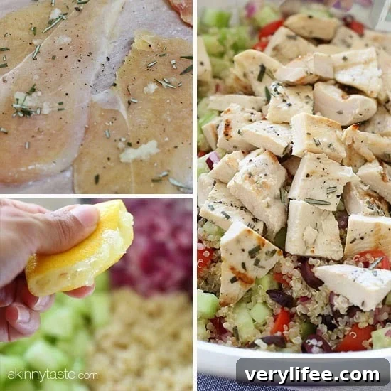 Chicken and quinoa salad made with cucumbers, feta, tomatoes and olives is perfect for summer!