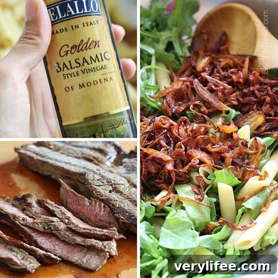 Pan-Seared Steak with Caramelized Onions, Arugula and Pasta 4 Sliced steak on arugula and penne with shaved Parmesan