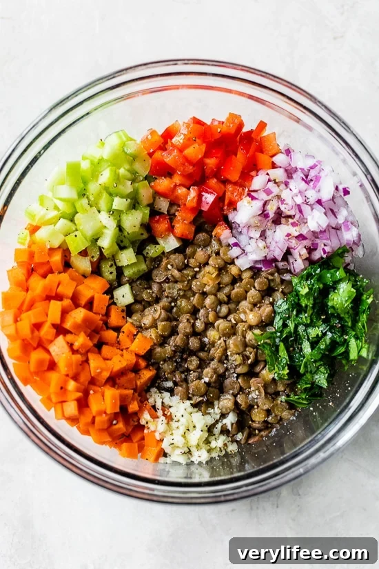 Mediterranean Lentil Salad with Lemon Vinaigrette 4 salad ingredients with lentils
