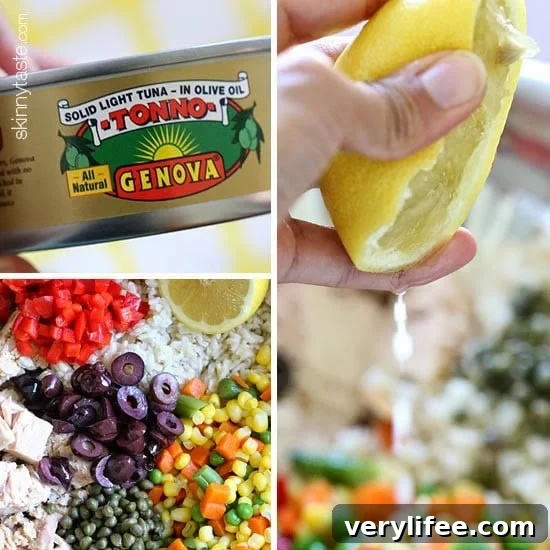 Italian tuna and brown rice salad is wonderful, easy lunch using basic pantry items such as tuna, brown rice, capers and good quality chopped olives plus some frozen mixed vegetables and fresh lemon juice.