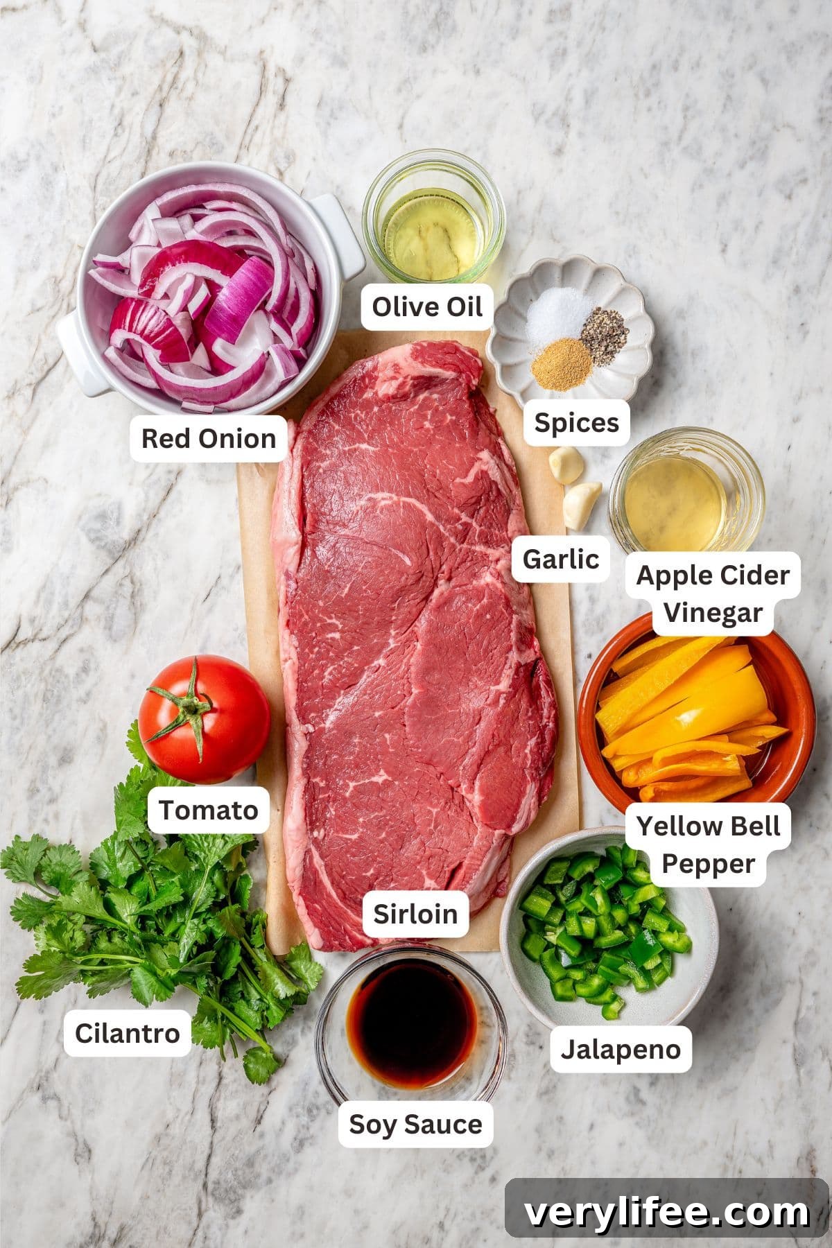 Peruvian Lomo Saltado: Authentic Stir-Fried Beef and Fries 5 Overhead view of ingredients for beef stir fry for lomo saltado