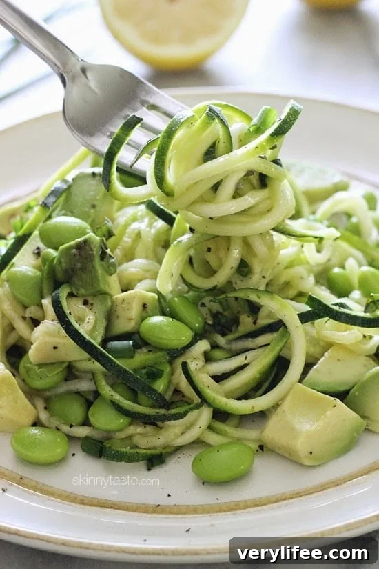 Raw Spiralized Zucchini Noodle Salad with Avocado and Edamame 2 Spiralized Raw Zucchini Salad with Avocado and Edamame is a fresh, quick and delicious salad that takes less than 5 minutes to make, start to finish and there's no cooking involved. It's perfect for the summer because you won't heat up your kitchen!