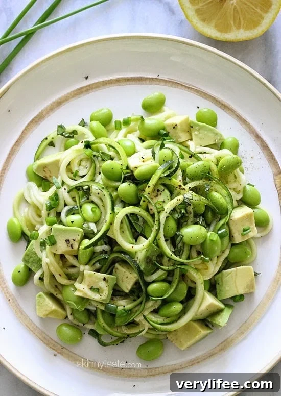 Raw Spiralized Zucchini Noodle Salad with Avocado and Edamame 3 Spiralized Raw Zucchini Salad with Avocado and Edamame
