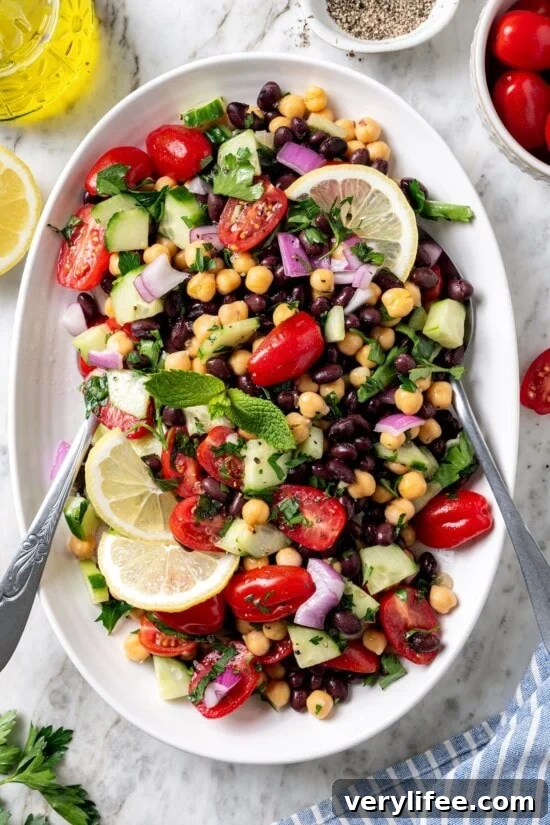 Garbanzo bean Mediterranean salad in serving bowl.