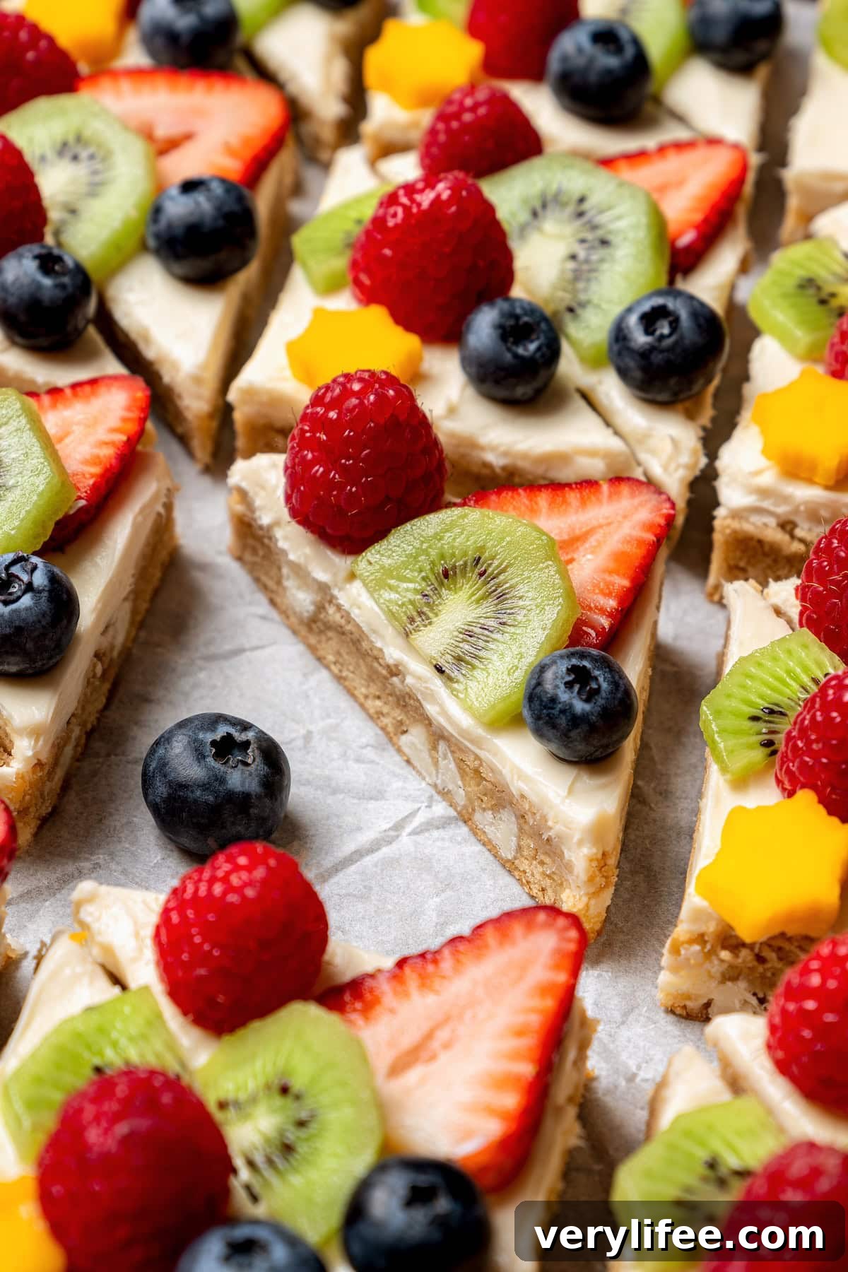 Sugar cookie fruit pizza on sheet pan