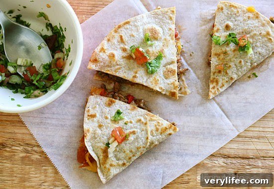 Close-up of quesadilla filling