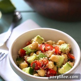 Quinoa chickpea and avocado salad close-up