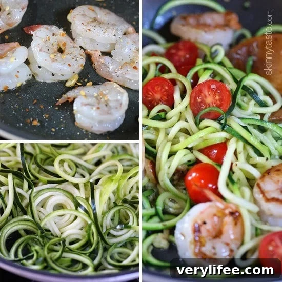 Closeup of zoodles with lemon-garlic spicy shrimp